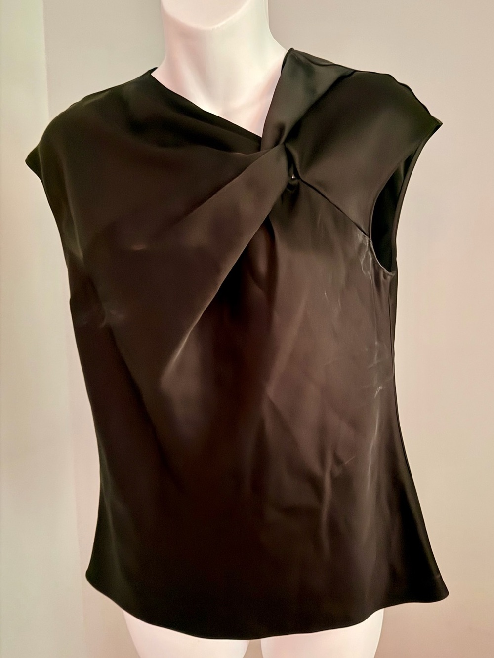 THEORY Chic Black Satin Twist Front Cap Sleeve Blouse Sz S NEW $275!!